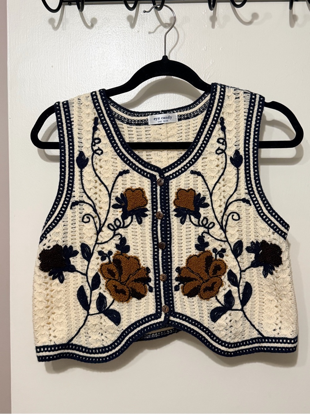 eye candy Cream Crochet Vest with Navy Trim & Brown Floral Accent
